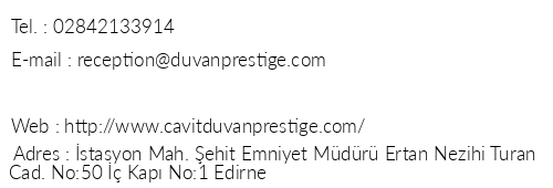 Duvan Prestige Hotel telefon numaralar, faks, e-mail, posta adresi ve iletiim bilgileri